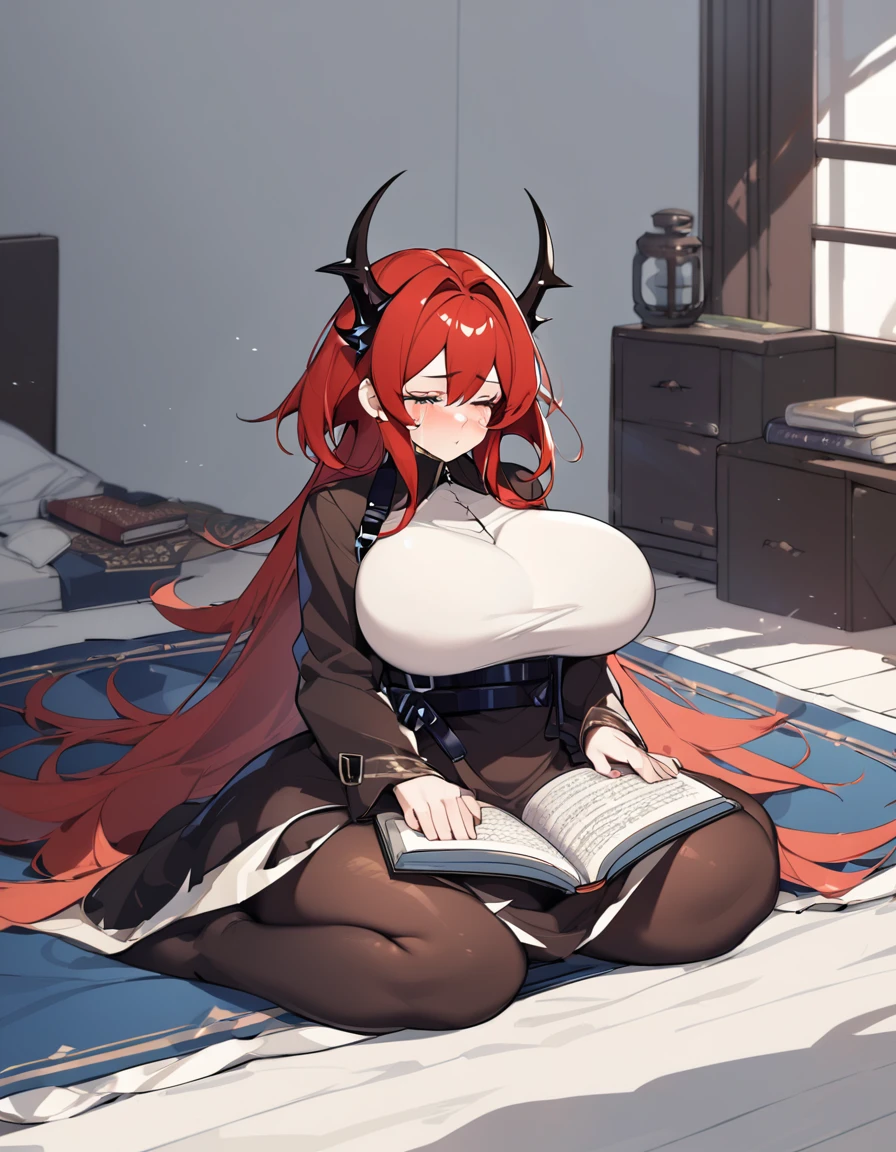 Surtr(Arknights),red hair,curvy body,wears Muslim clothes,big breast,nsfw,praying in bedroom,sitting on a prayer mat,crying, reading Qur'an.