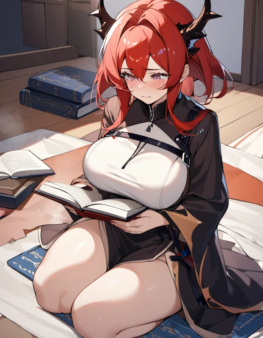 Surtr(Arknights),red hair,curvy body,wears Muslim clothes,big breast,nsfw,praying in bedroom,sitting on a prayer mat,crying, reading Qur'an.