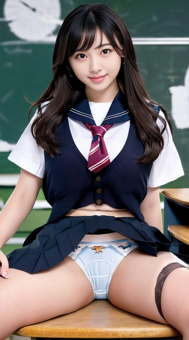 最high quality、high quality、Best image quality、8k、最High resolution、High resolution、最high quality、masterpiece、Detailed and realistic human body、Dense and realistic skin、Realistic face in every detail、Realistic reproduction of every detail、Detailed and realistic lips、Detailed and realistic teeth、Detailed and realistic ears、Detailed and realistic hair、Detailed and realistic arms、Realistic reproduction of every detail、Realistic fingers in every detail、(Beautiful Hands、thumb1reference4)、Realistic feet down to the last detail、(Beautiful Japanese Girl))、(Japanese Model), (Japanese women)、((18 year old beautiful girl))、(Black Hair)、(Random Hairstyles)、(Sexy look)、((whole body))、((Beautiful upturned breasts))、(Slim and perfect style)、(whole body glossy skin、Fair skin))、(In the classroom of an elementary school、Inside a junior high school classroom、In a high school classroom、In the lecture room)、(Soft lighting)、((school uniform、School Sailor Uniform、School Blazer、female teacher、School Skirt、Short sailor suit、mini skirt、White sneakers、Crop top sailor suit、Collared shirt、White shirt、Short sleeve、tie))、((Skirt flip(Please lift your skirt))、((I understand(See-through panties、Lace pantieesh Panties))、((Sit at a desk(Spread your legs wide))、((Make your thighs look beautiful))、Angle from below