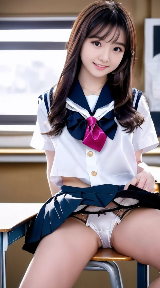 最high quality、high quality、Best image quality、8k、最High resolution、High resolution、最high quality、masterpiece、Detailed and realistic human body、Dense and realistic skin、Realistic face in every detail、Realistic reproduction of every detail、Detailed and realistic lips、Detailed and realistic teeth、Detailed and realistic ears、Detailed and realistic hair、Detailed and realistic arms、Realistic reproduction of every detail、Realistic fingers in every detail、(Beautiful Hands、thumb1reference4)、Realistic feet down to the last detail、(Beautiful Japanese Girl))、(Japanese Model), (Japanese women)、((18 year old beautiful girl))、(Black Hair)、(Random Hairstyles)、(Sexy look)、((whole body))、((Beautiful upturned breasts))、(Slim and perfect style)、(whole body glossy skin、Fair skin))、(In the classroom of an 、Inside a junior high schooigh school classroom、In the lecture room)、(Soft lighting)、((school uniform、School Sailor Uniform、School Blazer、female teacher、School Skirt、Short sailor suit、mini skirt、White sneakers、Crop top sailor suit、Collared shirt、White shirt、Short sleeve、tie))、((Skirt flip(Please lift your skirt))、((I understand(See-through panties、Lace pantieesh Panties))、((Sit at a desk(Spread your legs wide))、((Make your thighs look beautiful))、Angle from below