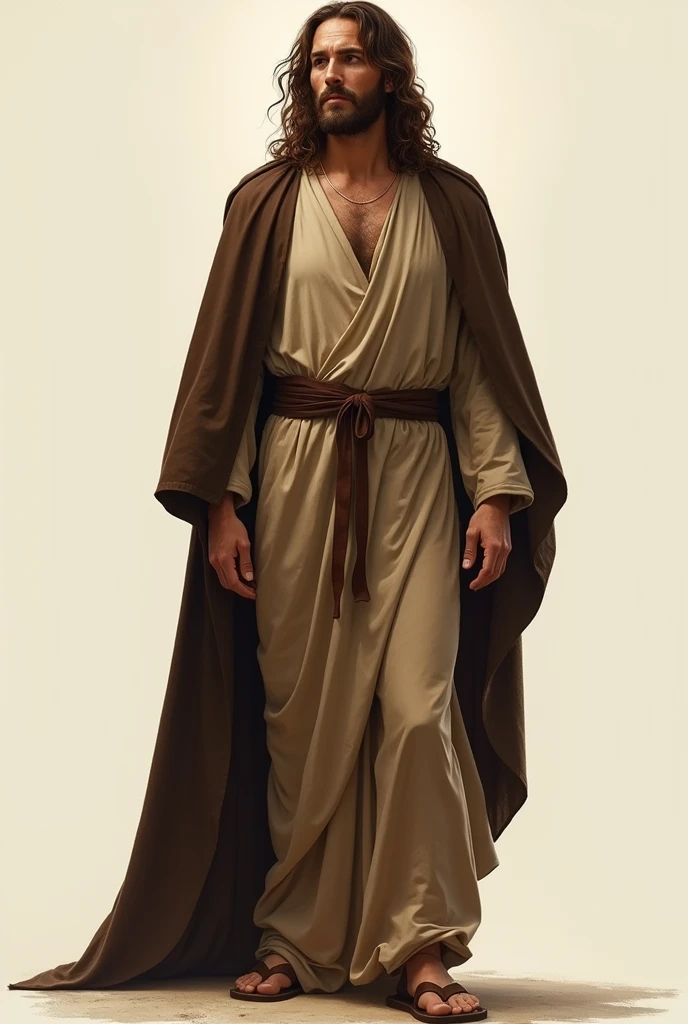 Create a realistic fashion illustration of Jesus Christ, with a rustic brown tunic and a dark brown cloak.