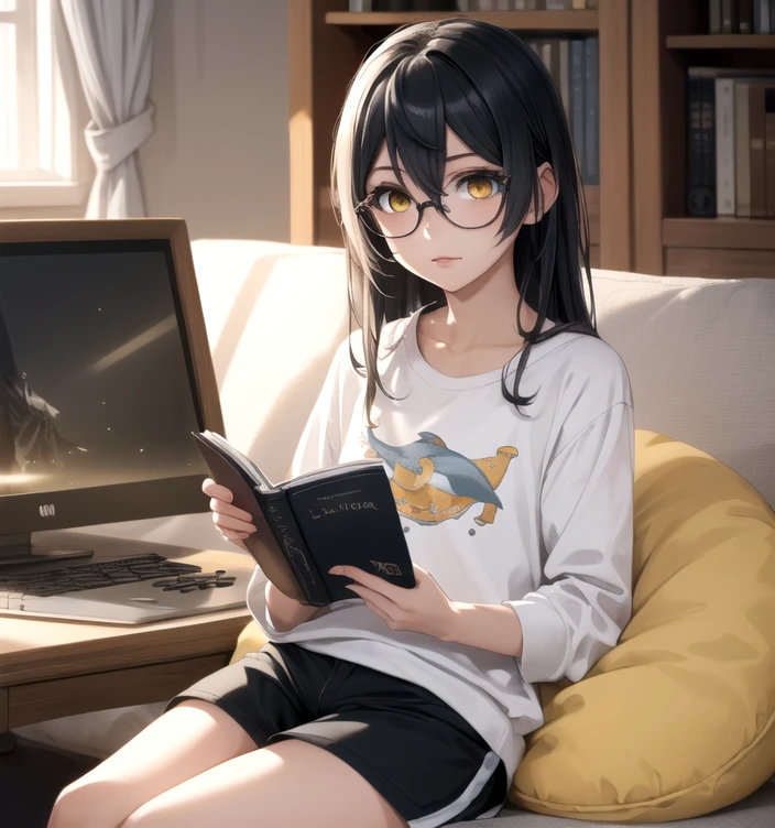 (masterpiece:1.2, best quality:1.1, highres,absurdres, high quality),(photorealistic:1.1),reflected light, colorful,ultra-detailed, ultra hd, super detailed,
nagatoro hayase,yellow eyes, long hair,black hair, dark-skinned ,hairpin,dark skin, tan, glasses,   dolphin shorts, t-shirt, ,holding book,sitting on bean bag chair, reading,  
 