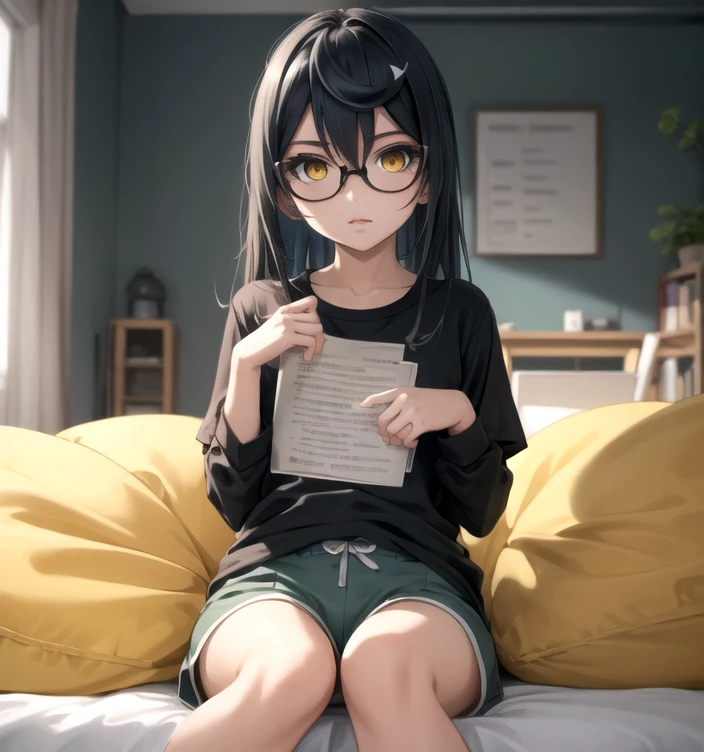 (masterpiece:1.2, best quality:1.1, highres,absurdres, high quality),(photorealistic:1.1),reflected light, colorful,ultra-detailed, ultra hd, super detailed,
nagatoro hayase,yellow eyes, long hair,black hair, dark-skinned ,hairpin,dark skin, tan, glasses,   dolphin shorts, t-shirt, ,holding book,sitting on bean bag chair, reading,  
 