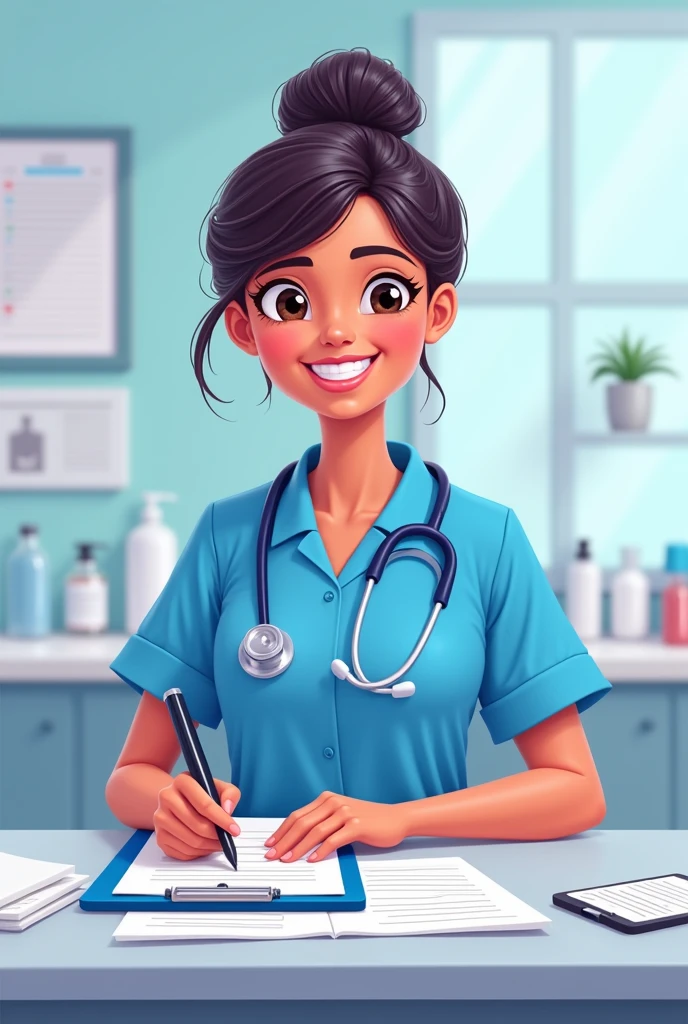 Cartoon of a community nurse filling out vaccination forms in blue uniform