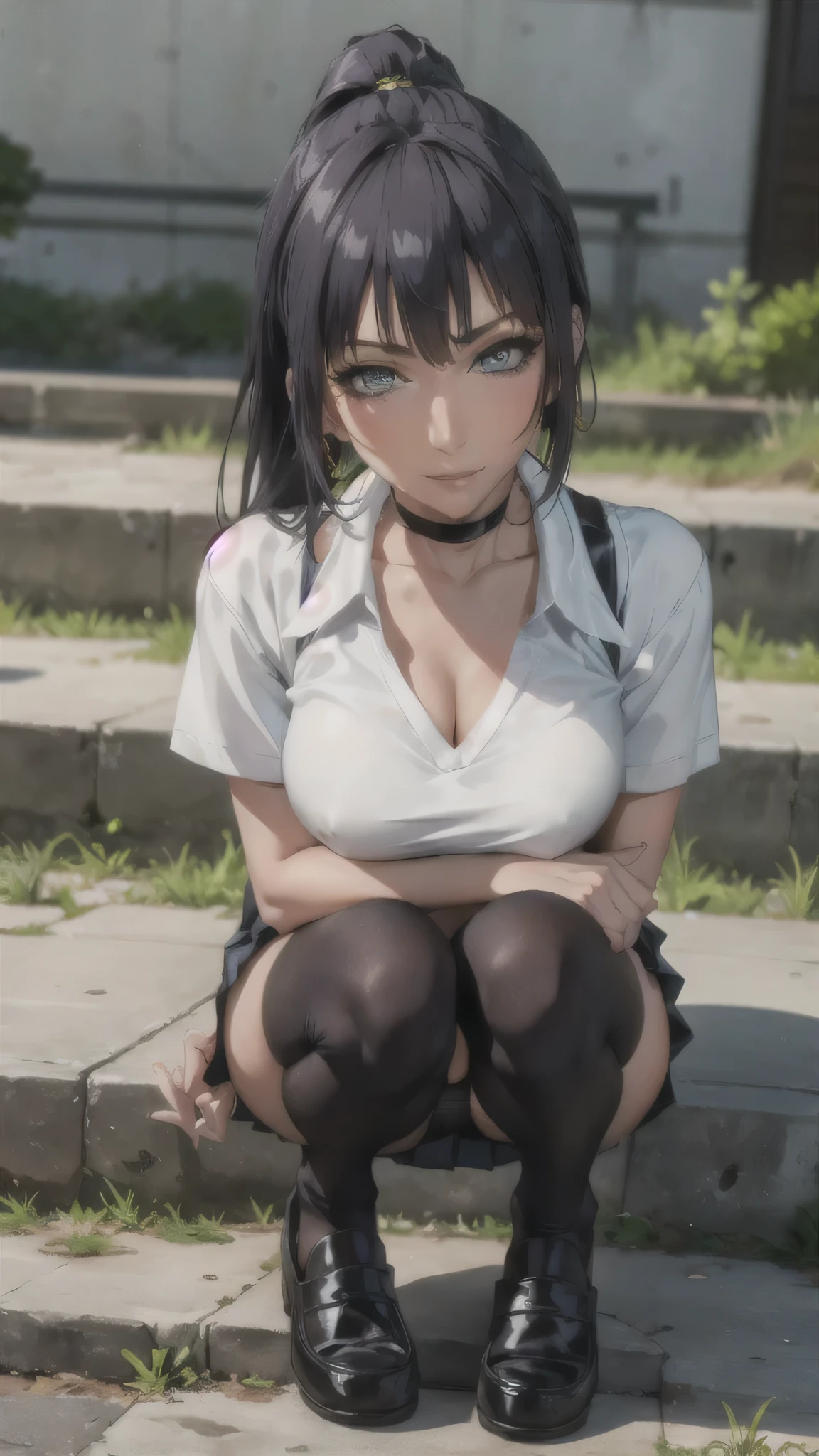 ((Beautiful feet)),(((Black Stockings))),((Lace panties)),((school uniform)),((loafers)),(((Pleated mini skirt))), ((White blouse)),((Correct Anatomy)),((Crouching on the stairs)),Ultra-high resolution, Mature Woman, Mature Woman, Very detailed, ((Big Tits)), Perfect hands, Detailed fingers, Beautiful details,((Long, long hair)),((ponytail)),Black choker, Earrings,Perfect Eyes, Seductive eyes,School stairs