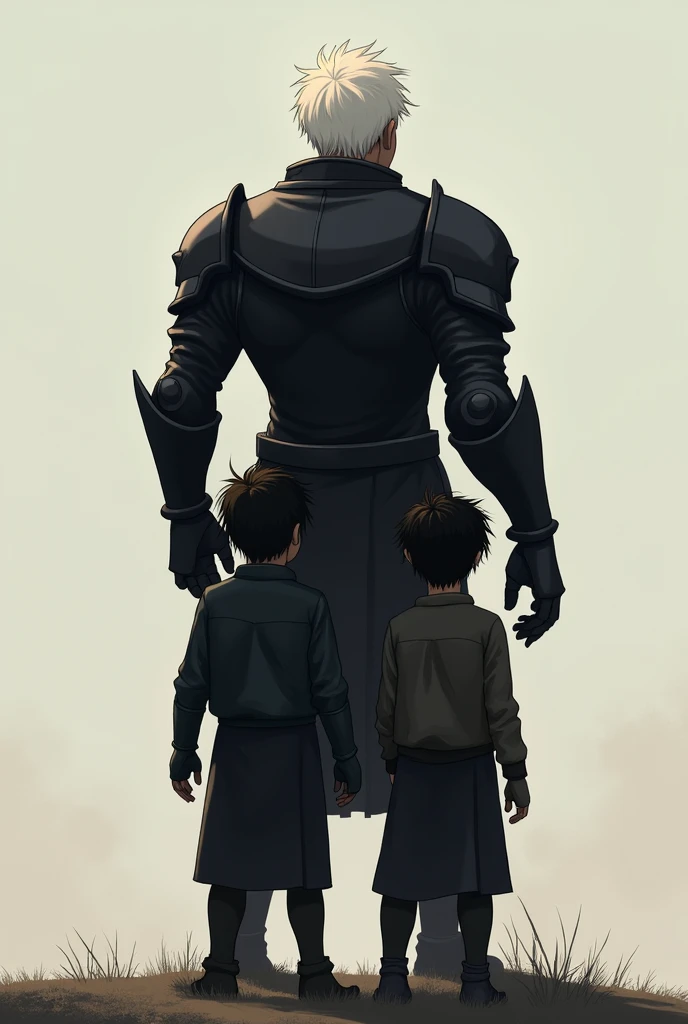 Three people with their backs turned, Father and sons,A large white-haired man with black armor, below the children, 2 twin 5-year-old children looking at the horizon.crianças de cabelo preto