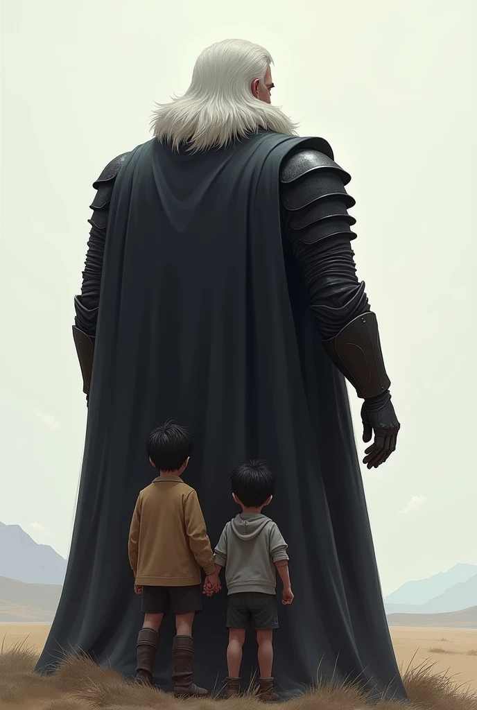 Three people with their backs turned, Father and sons,A large white-haired man with black armor, below the children, 2 twin 5-year-old children looking at the horizon.crianças de cabelo preto