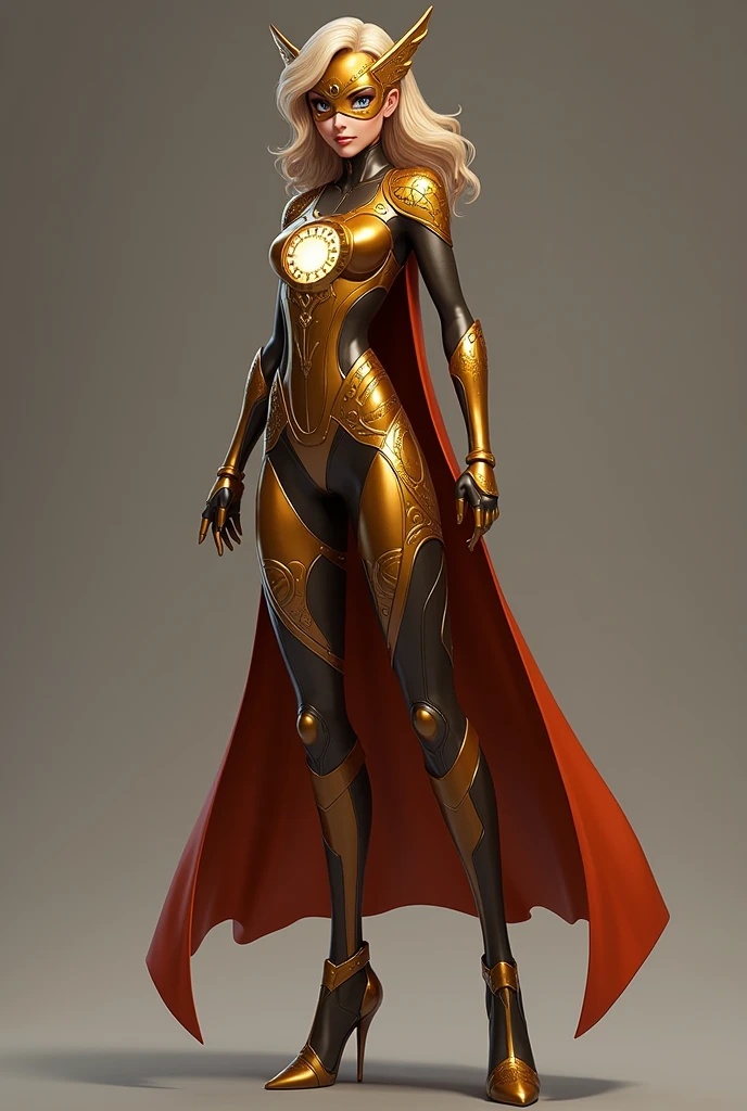 Create a superhero character named Chronor, inspired by clockwork and time manipulation, in the style of Miraculous Ladybug.
Chronor should have a sleek, streamlined suit that is primarily bronze with copper and gold accents. The design should be elegant and stylized, with soft, flowing lines rather than overly complex mechanical details. The suit should include subtle clockwork motifs, like small, decorative gears, and patterns resembling clock faces, but keep the overall look simple and clean. The visor is translucent, showing faint temporal symbols and numbers, with a gentle golden glow. The character should exude confidence and agility, with a short, flowing cape that complements the design. The overall appearance should blend seamlessly into the Miraculous Ladybug universe, with a focus on charm, elegance, and a hint of mystery.MAN