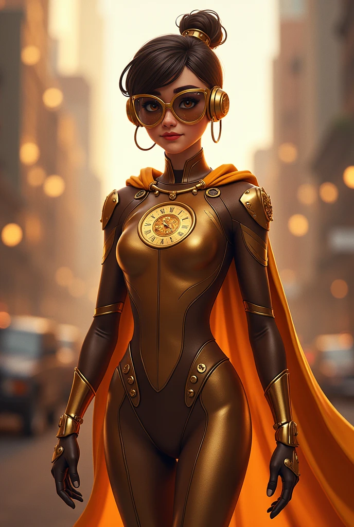 Create a superhero character named Chronor, inspired by clockwork and time manipulation, in the style of Miraculous Ladybug.

Chronor should have a sleek, streamlined suit that is primarily bronze with copper and gold accents. The design should be elegant and stylized, with soft, flowing lines rather than overly complex mechanical details. The suit should include subtle clockwork motifs, like small, decorative gears, and patterns resembling clock faces, but keep the overall look simple and clean. The visor is translucent, showing faint temporal symbols and numbers, with a gentle golden glow. The character should exude confidence and agility, with a short, flowing cape that complements the design. The overall appearance should blend seamlessly into the Miraculous Ladybug universe, with a focus on charm, elegance, and a hint of mystery.MAN