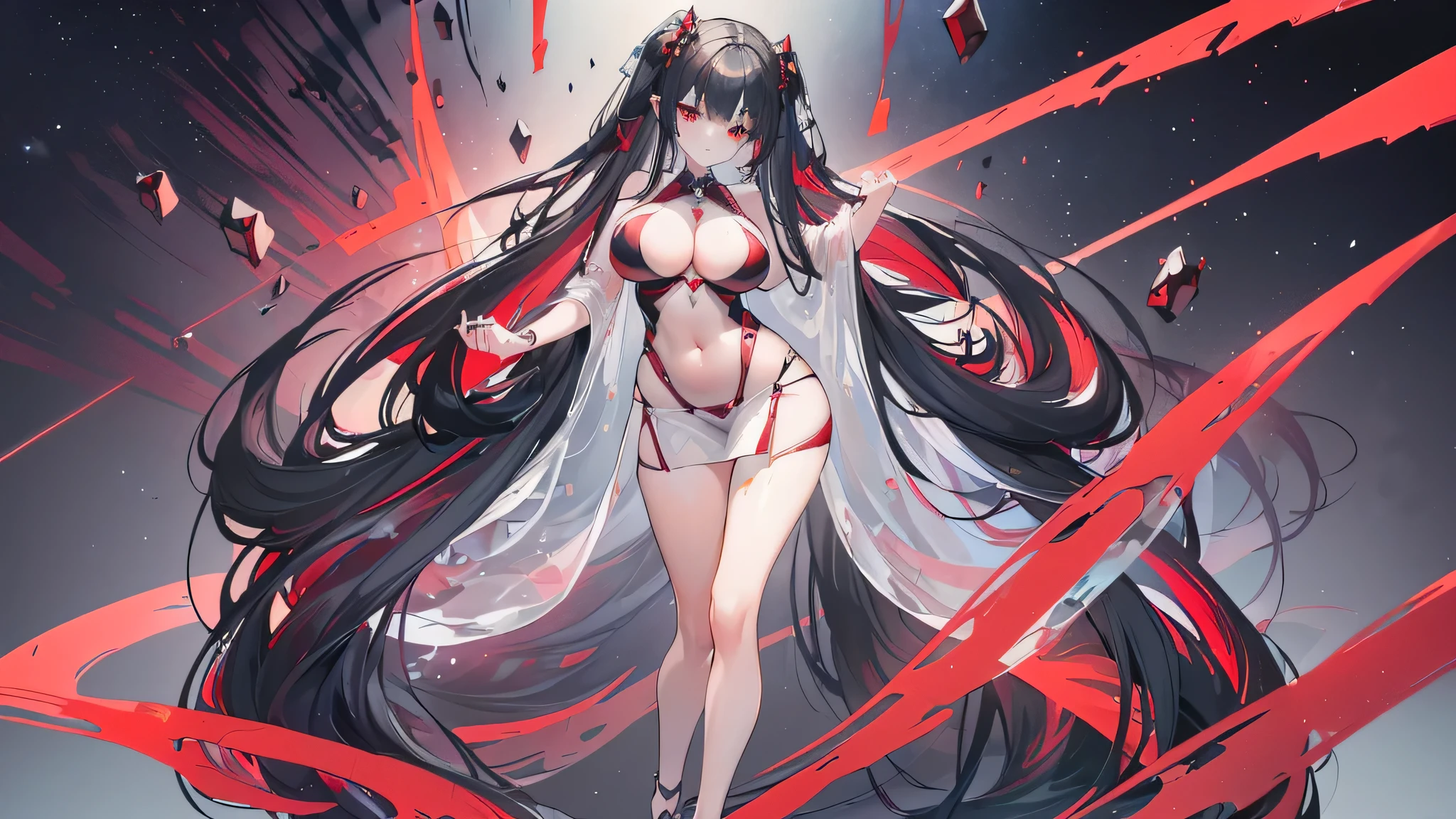 Exquisite eyes),(Clear and beautiful eyes:1.61),masterpiece, ung girl,(Black clothes and some red gems), Black long hair, (She has a huge red gem on her chest), Good Hand,((The Havoc of StarCraft)),full-body shot,Fighting Stance,(Red Eyes:1.466),short and small,(Very big breasts:1.35),(Pretty Face),(full-body shot:1.33),Beautiful hands