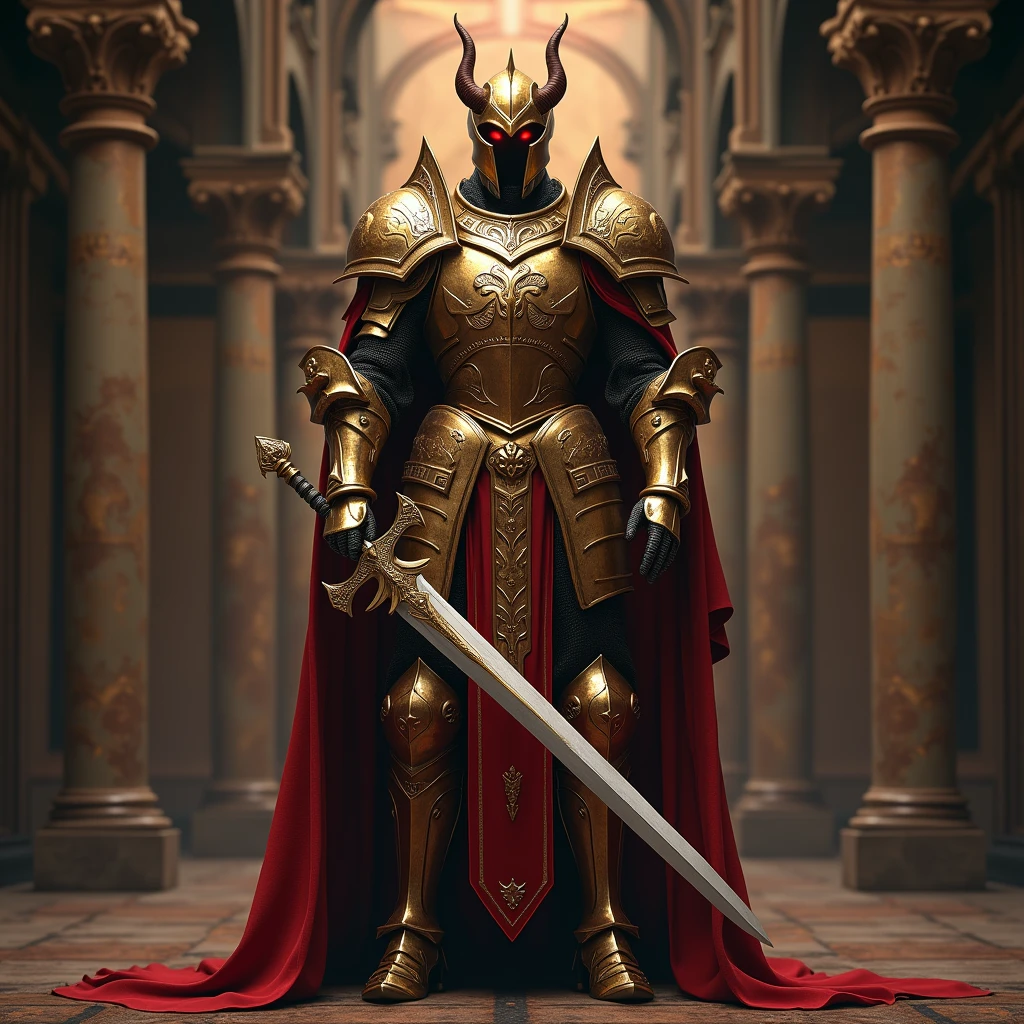 (Best quality,4K,8K,A high resolution,Masterpiece:1.2),Ultra-detailed,(Realistic,Photorealistic,photo-realistic:1.37),A sword-wielding demon armor warrior stood in the hall, Full body portrait of the mysterious knight, Wearing heavy armor,A sacred warrior wielding a legendary sword, Mythical warriors in full-body armor, A golden knight with divine armor, The helmet is decorated with the devil's horns, The eyes glow blood-red, Concept art for glorious figures, Crimson Armor Knight, Epic Paladin a