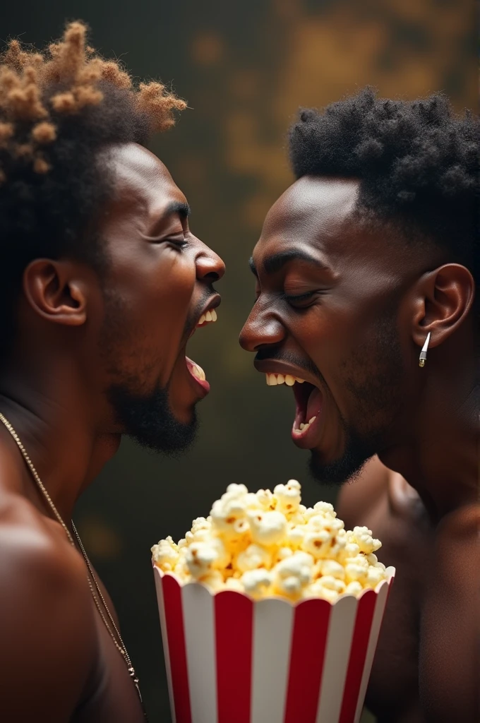 Black people fighting and screaming at each other,while a white man watches them eating popcorn