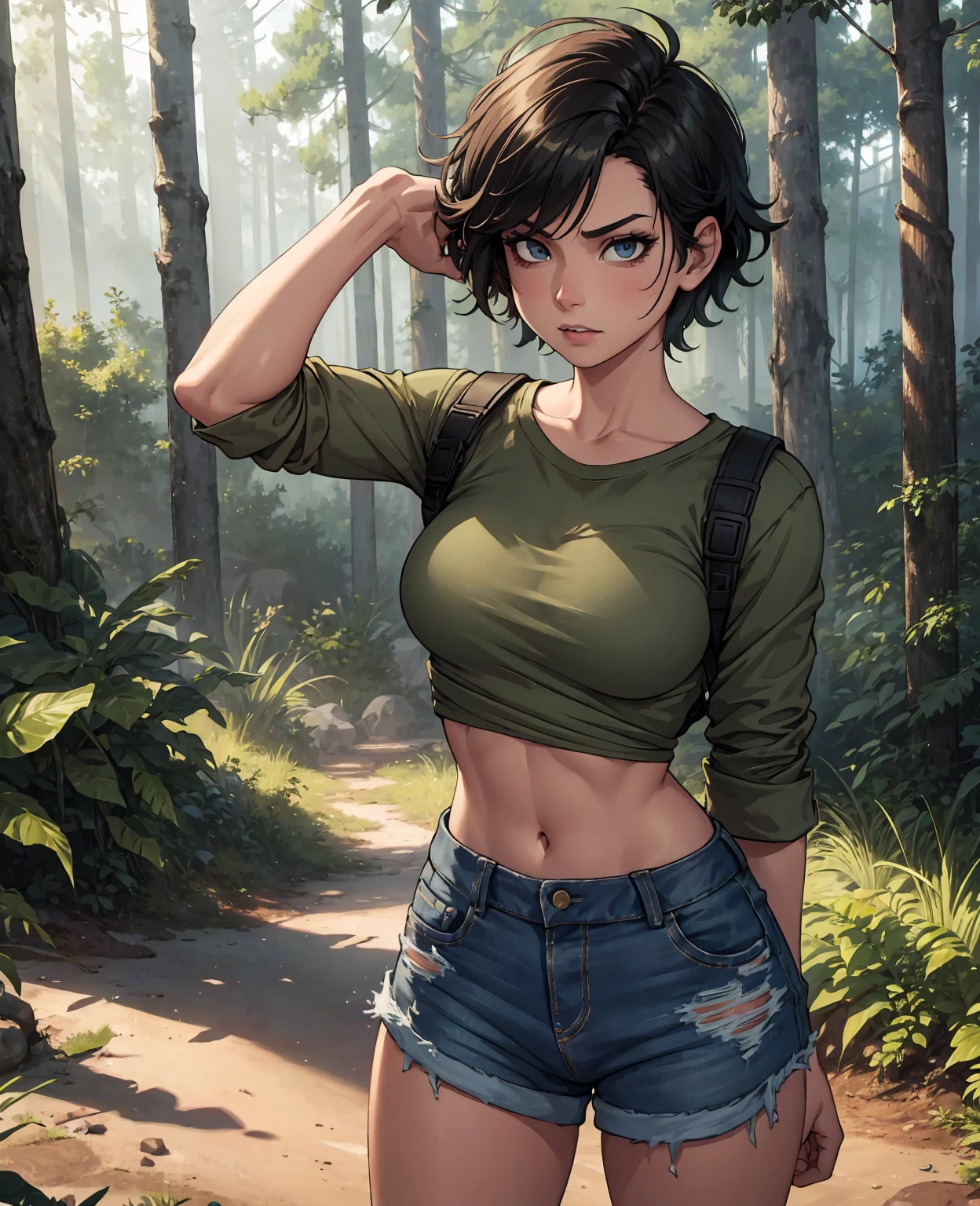 a dirty tomboy, messy short hair, ripped jeans, dirty face and hands, athletic build, mischievous expression, outdoor forest setting, natural lighting, detailed facial features, high quality, photorealistic, hyper detailed, 8k, vibrant colors, dramatic lighting