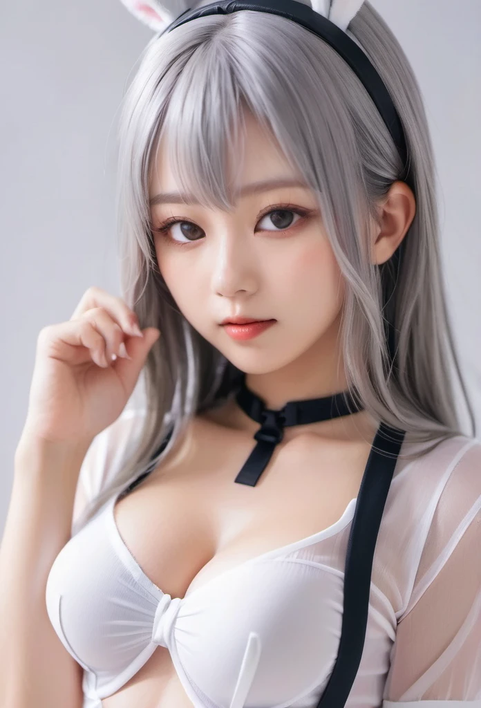 Playing around in a sexy, see-through uniform、White Bunny Girl、See-through nipples、Anatomically correct, High resolution, Gray Hair, Bunny ears, Sticking out tongue, I want to cry, Character portrait,