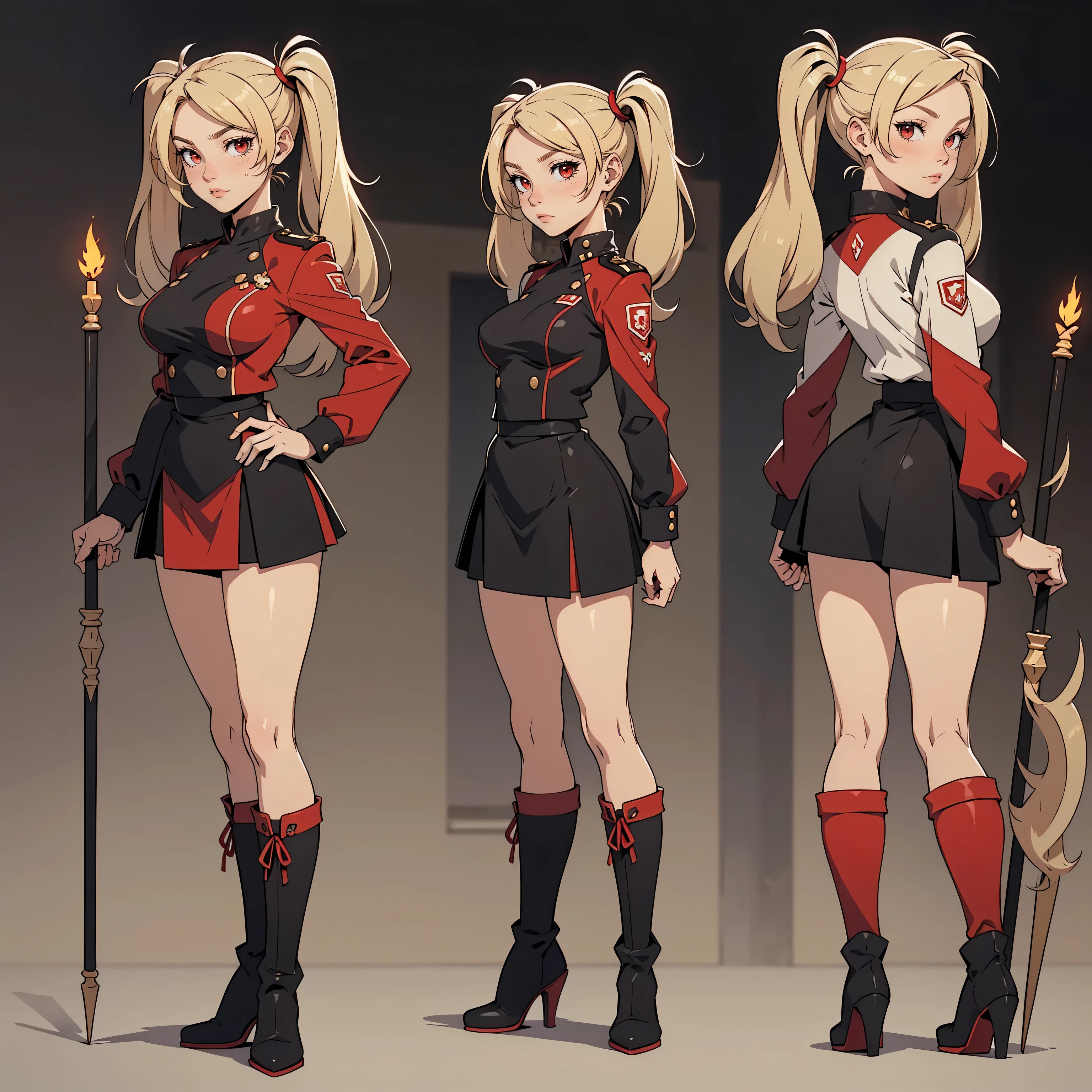 Very detailed, neutral facial expression, medium breasts, full body view, blonde hair with twintails, red eyes, looking at viewer, black and red uniform, skirt, black boots, holding spear, standing pose.