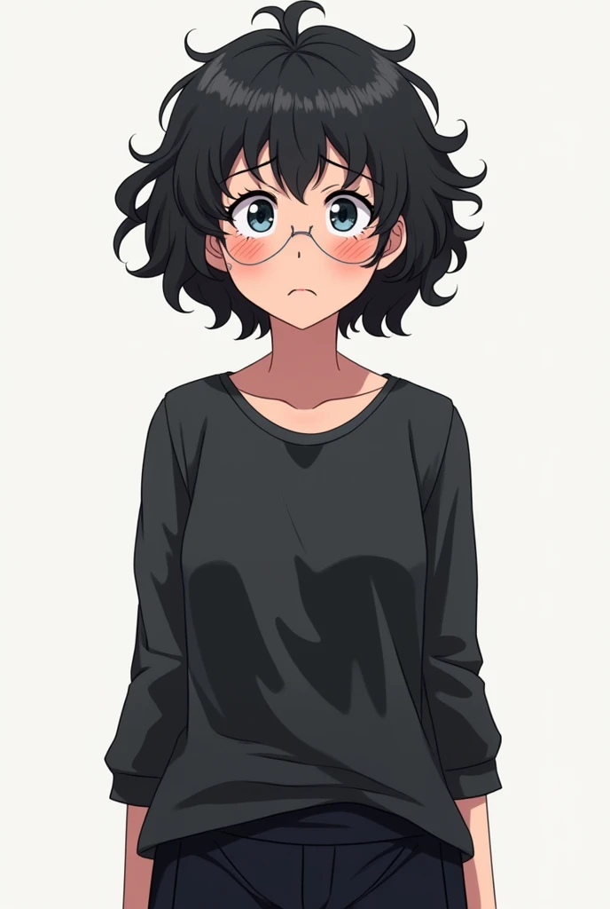 middle aged female patient, black curly hair, wrinkles on face, looks miserable due to overuse of medicine, black blouse, black jogging pants, tired emotion, focus on face and torso, transparent background, anime style, best quality, masterpiece