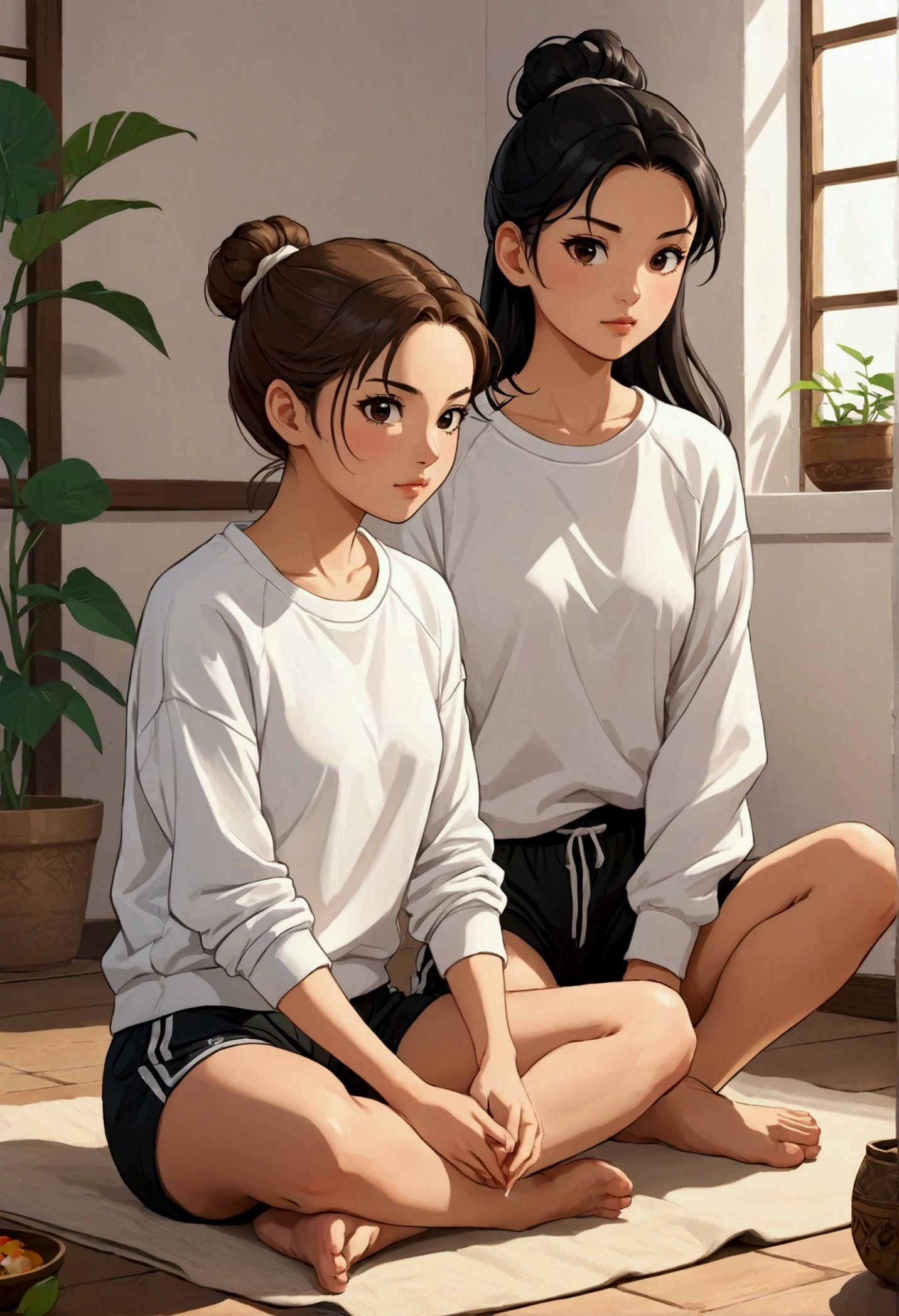 Anime style of two beautiful young women in love, one with light brown hair tied in a bun, delicate British features, dressed in light sports pants and a loose white t-shirt and Next to her is a beautiful young Asian woman with long black hair, dressed in a white sweatshirt and black shorts, she is barefoot; both are sitting in the Indian position