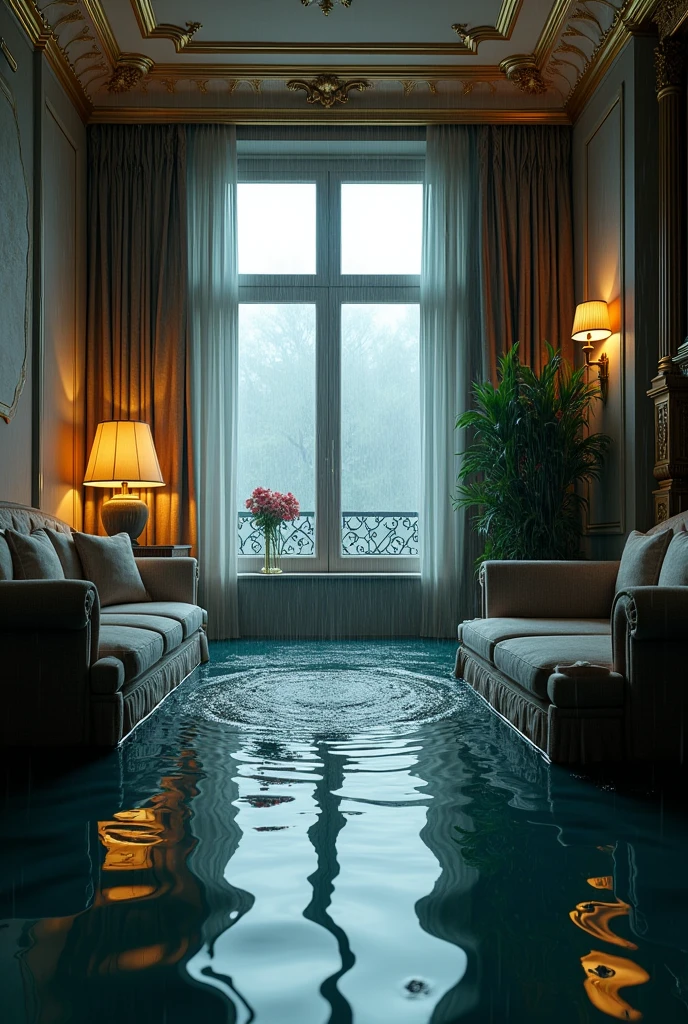 a luxurious apartment flooded by rain that came in through an open window