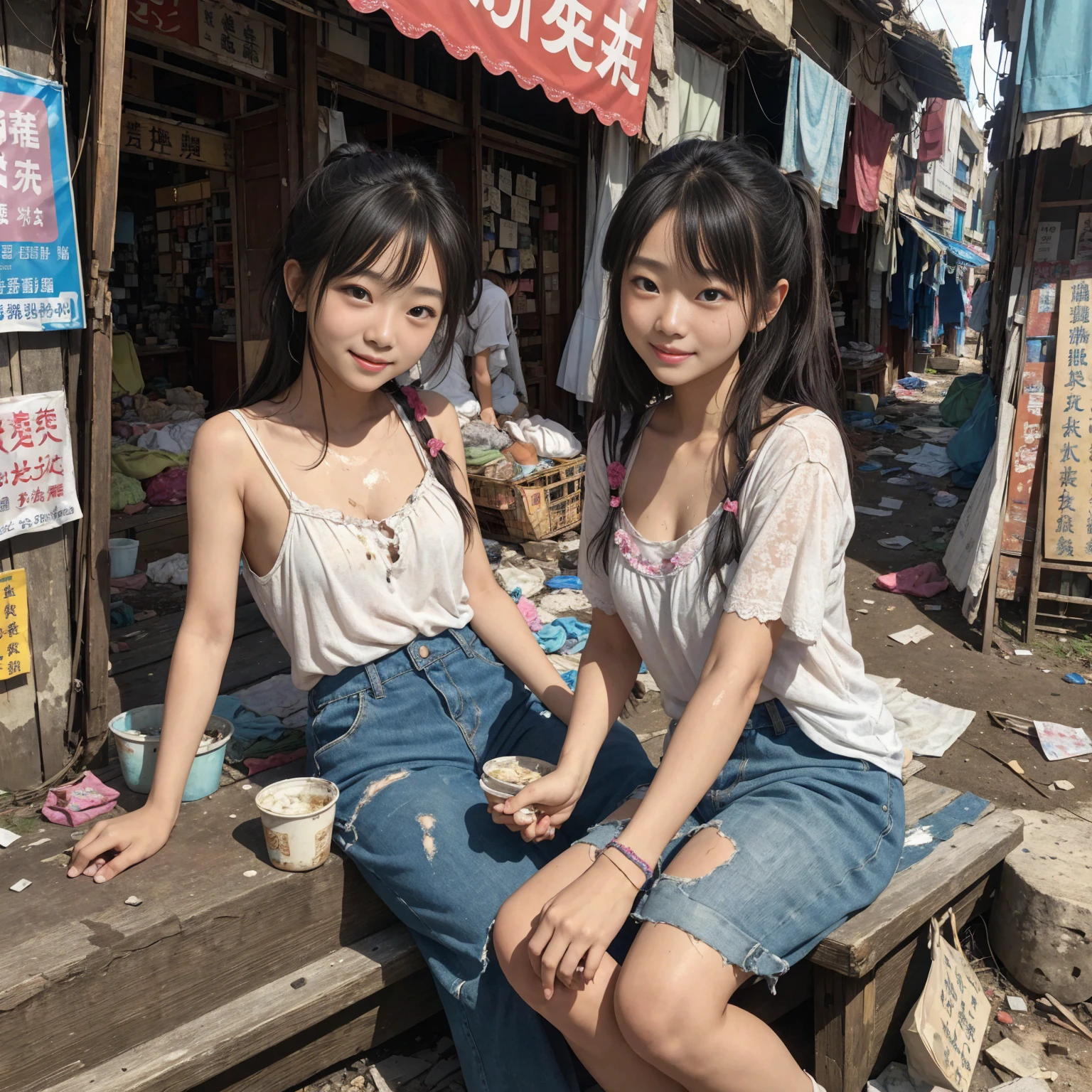 ((masterpiece、Highest quality))、Beautiful girls gather.、Girl in summer clothes、Dirty and old clothes、屋台のdiet店、(Detailed and cute face:1.3)、(Poor conditions、Crumbling underground shopping mall)、stage、sewage、Dirty shop、street vendors、Unsanitary and abandoned city、smile、diet、Poor person々