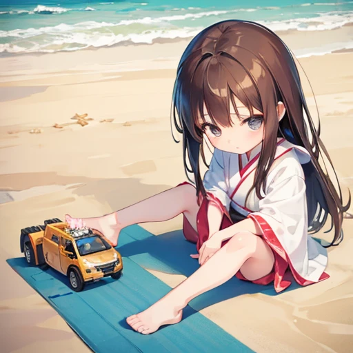 a Japanese girl child, playing with a toy truck, on a beach, anime style, long brown hair, realistic young child