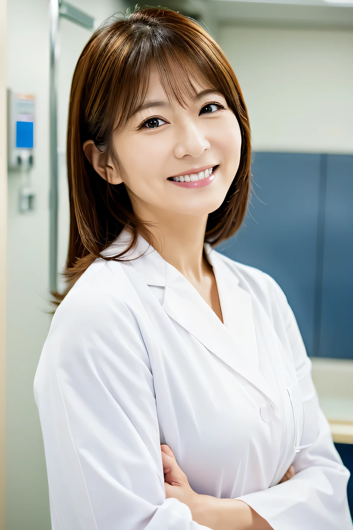 Photorealistic, high resolution, High resolution,Japan Beautiful Nurse, 44 years old, Mature Woman, Smile, White Lab Coat, whole body, hospital, ward