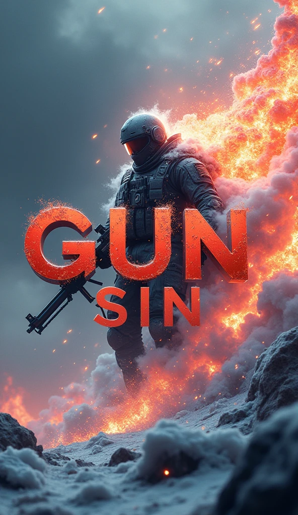 Action Logo title word "Gun Sin", blast, thunder, cyclone in the background of the logo, bullets, soldier style of the logo, realistic, 8k ultra HD, blast in the background, crystal clear, 3D, fantasy, Sci-Fi, Snow, Storm, Fire, Wintet, Summer, Greeny