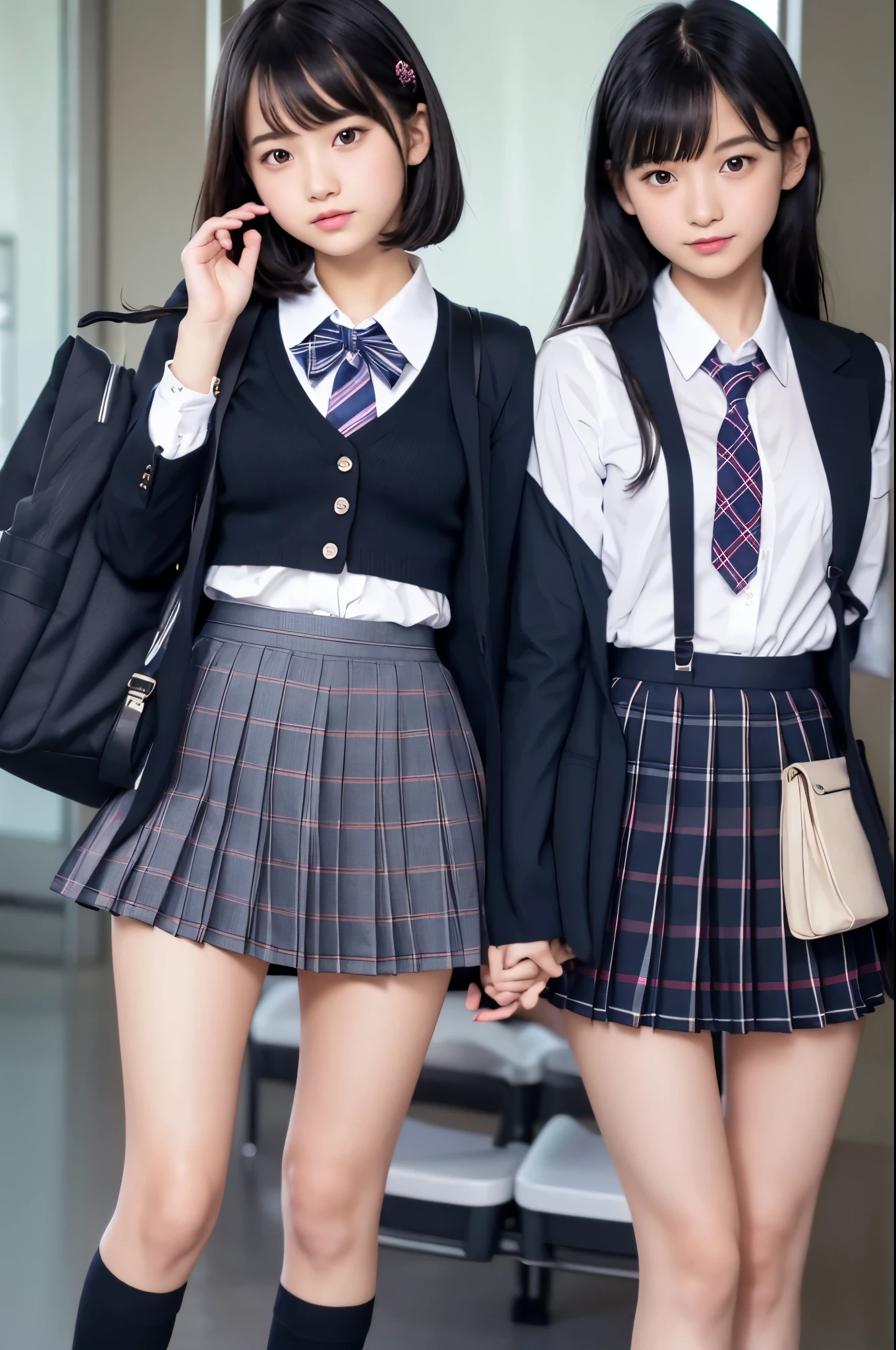 high school girl、The whole body is visible、Beautiful feet、mini skirt、A black blazer、Bob Hair、Black Hair、Black loafers、Pleated skirt、Checkered Skirt、Blue Skirt、Navy blue short socks、Ribbon on neck、school uniform、Are standing、White blouse、Putting a shirt in a skirt、School Bags、The underwear is pink