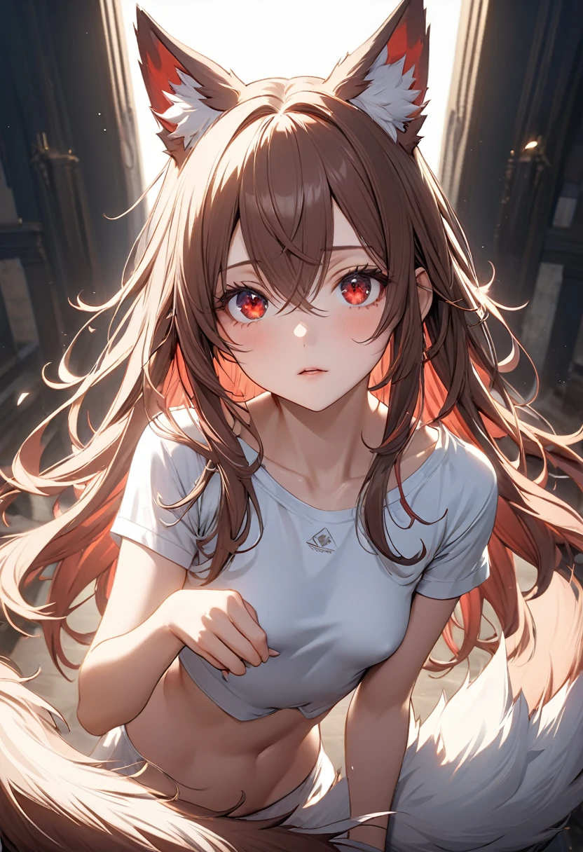 Longhair, (Red eyes:1.5), animal ears, tail, Chestnut hair, Wolf ears, Wolf tail, White at the tips of the ears、White at the tip of the tail、(small breast:1.2), BREAK looking at viewer, BREAK outside, BREAK (masterpiece:1.2), best quality, high resolution, unity 8k wallpaper, (illustration:0.8), (beautiful detailed eyes:1.6), extremely detailed face, perfect lighting, extremely detailed CG, (perfect hands, perfect anatomy),