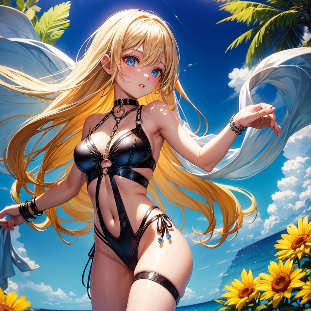 Hot spiritual young sexy girl blonde hair blue eyes black cutout monokini chains straps side tie sunshine happy cute