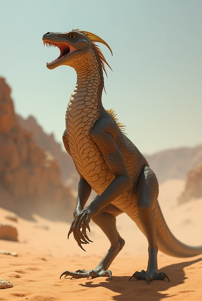 Realistic photo of Mushussu a scaled reptile of the decert with 2 hind legs of a bird and 2 front legs of a lion with a long neck and a snake head