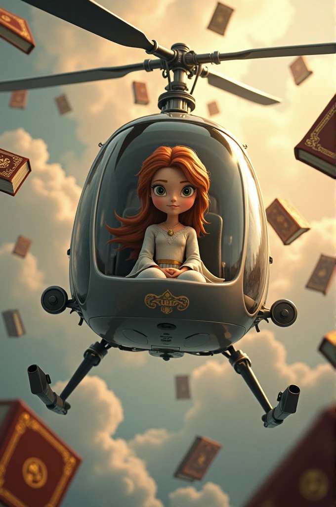 Princess Sofia in a helicopter with books 
