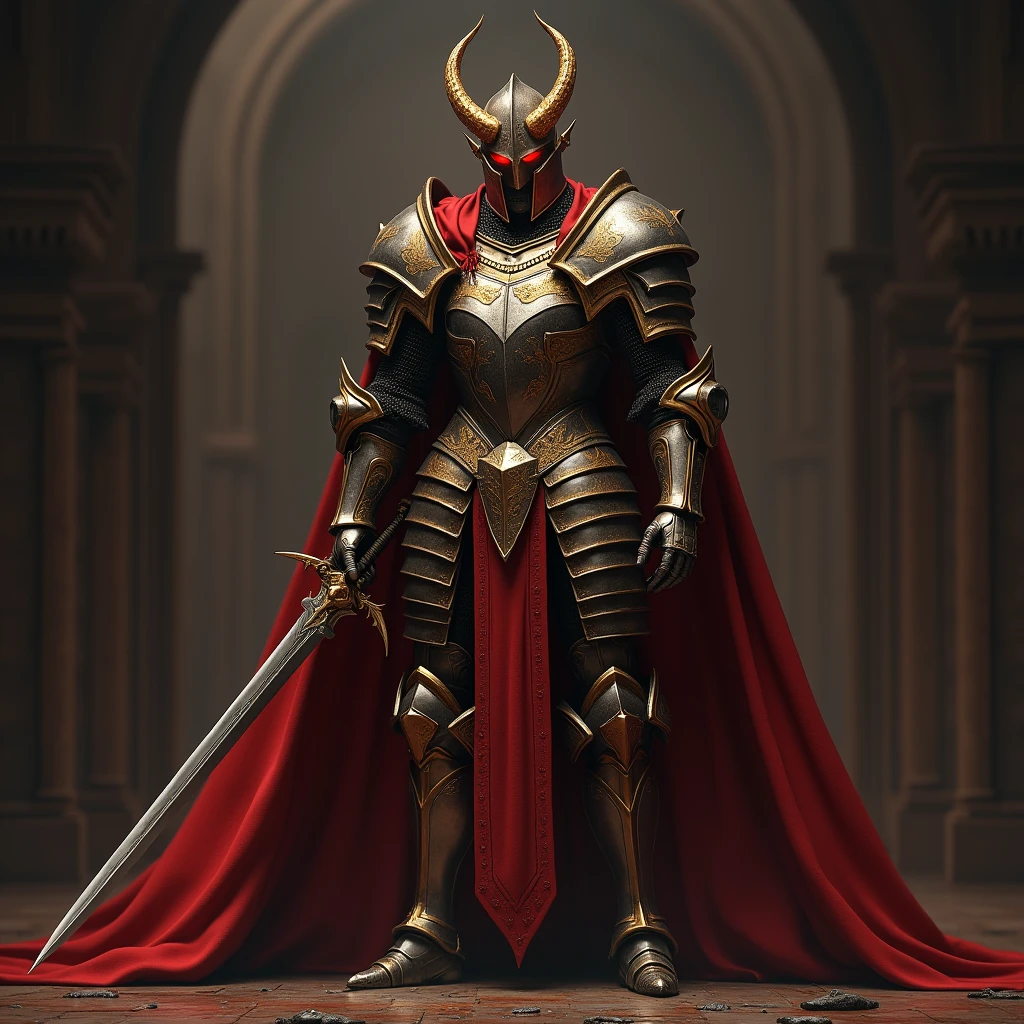 (Highest quality,4K,8k,High resolution,masterpiece:1.2),Very detailed,(Realistic,Realistic,Photorealistic:1.37),A warrior in devilish armor stood in the hall, brandishing his sword, Full-body portrait of a mysterious knight, Wearing heavy armor,Sacred warrior wielding a legendary sword, Mythical warrior in full plate armor, Golden knight clad in holy armor, Helmet adorned with devil horns, Eyes glow red like blood, Concept art of a glorious figure, crimson armor knight, Grand Paladin's armor, holy medieval knight, Get down on one knee, Blade embedded in the ground, propose, Full Body Shot.