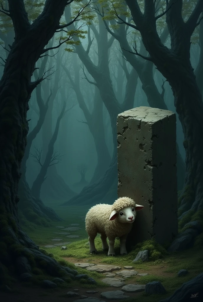 The sheep that was sad was hiding behind a stone in the dark forest.
