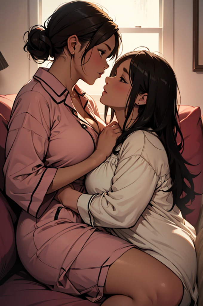 Two slightly chubby women on a sofa in a house at night kissing, A woman is young with short brown hair wearing a babydoll dress lying on the couch, The other woman is an adult with long black hair wearing pajamas, one looking at another sexy