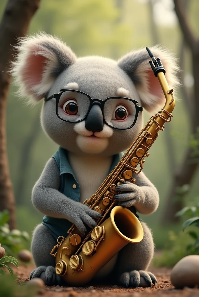 classic koala animal playing alto saxophone with glasses .