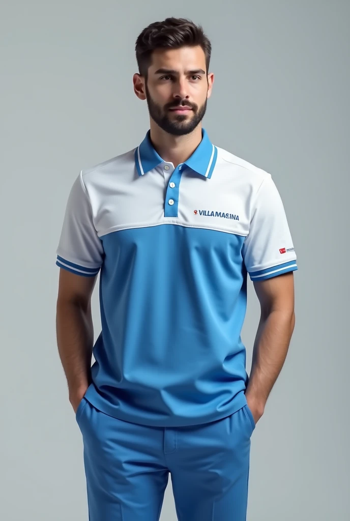 Design a complete uniform for a pharmacy called Villa Magna with blue and white colors and a logo that says Villa Magna. The shirt should be a polo style and casual. 