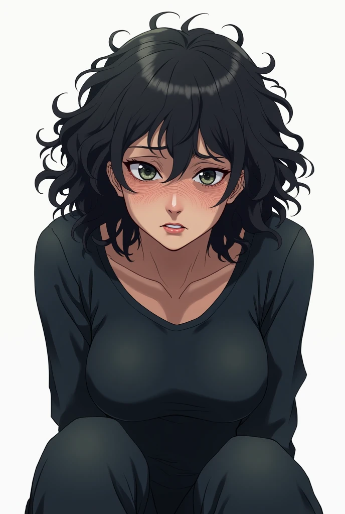 ((middle aged)) female patient, black curly hair, ((wrinkles on face)), looks miserable due to overuse of medicine, black blouse, black jogging pants, tired emotion, focus on face and torso, transparent background, anime style, best quality, masterpiece