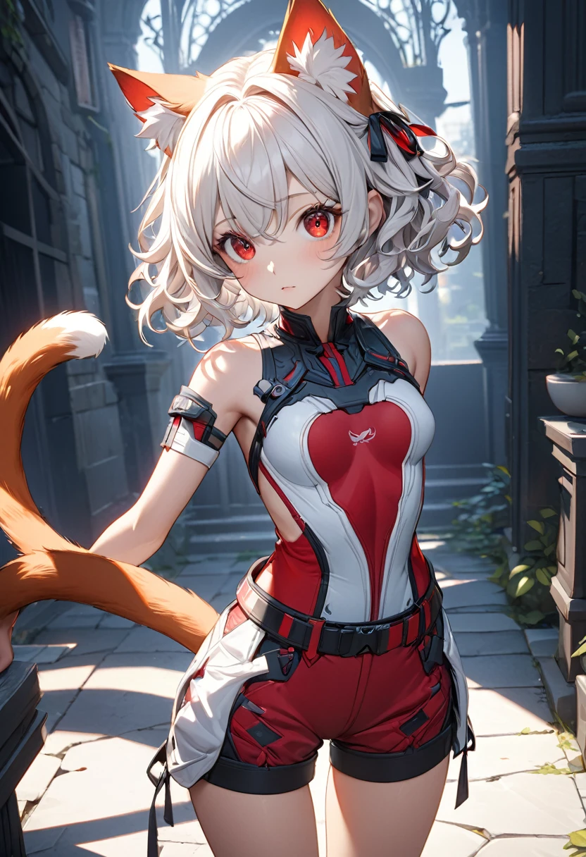 short hair, (red eyes:1.5),  animal ears, tail, white hair, shorts, cat ears, cat tail, curly hair, (small breast:1.2), BREAK looking at viewer, BREAK outside, BREAK (masterpiece:1.2), best quality, high resolution, unity 8k wallpaper, (illustration:0.8), (beautiful detailed eyes:1.6), extremely detailed face, perfect lighting, extremely detailed CG, (perfect hands, perfect anatomy),whole body