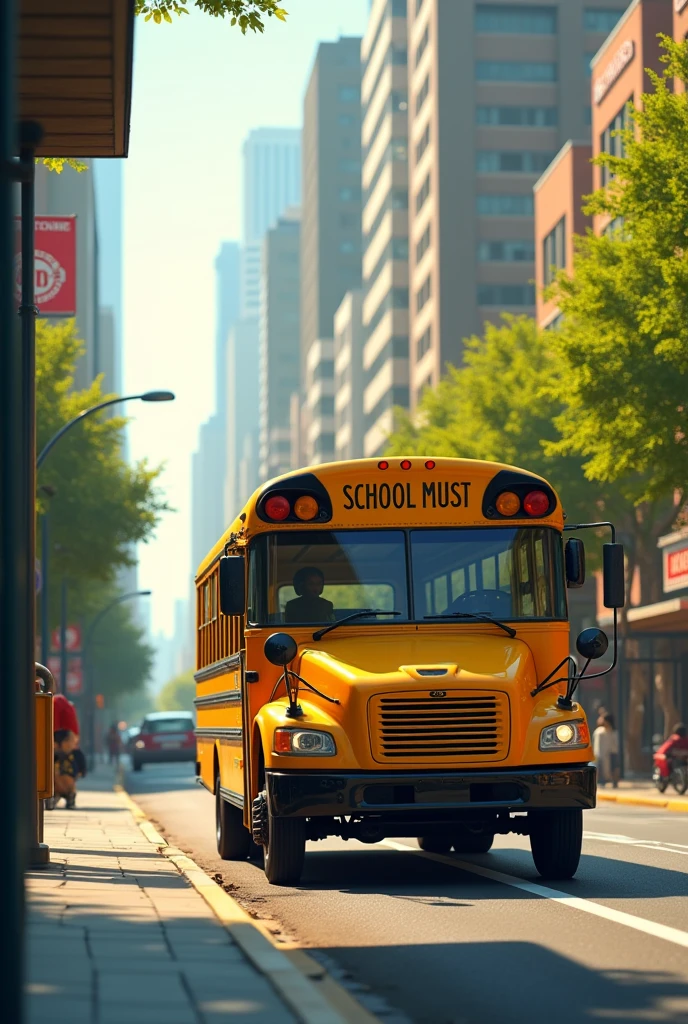 A yellow school bus parked at a bus stop. The surrounding scenery is urban and the lighting is soft., with trees and buildings in the background.realisitic,cinematic, 8k