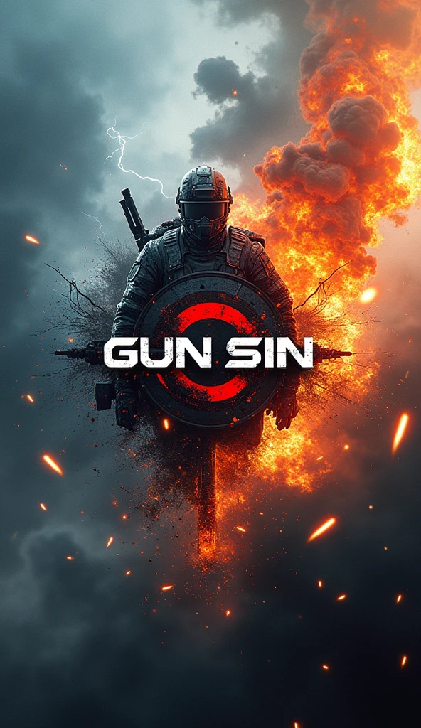 Action Logo title word "Gun Sin", blast, thunder, cyclone in the background of the logo, bullets, soldier style of the logo, realistic, 8k ultra HD, blast in the background, crystal clear, 3D, fantasy, Sci-Fi, Snow, Storm, Fire, Wintet, Summer, Greeny