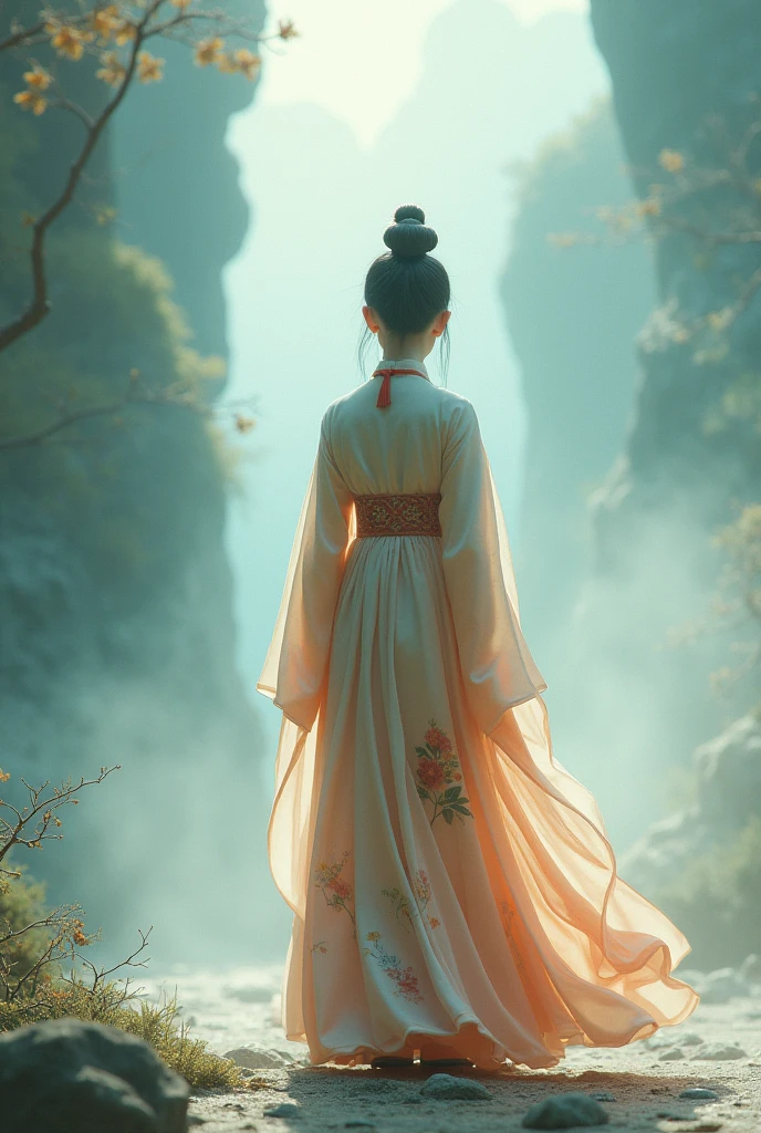 1 girl.standing alone,Hanfu,Chinese clothing,(back side:1.2),fot, work of art, Photographic realism,best qualityer, super high resolution, CRU photo, photoshoot, proffesional, incredible detail, colorfully, Surrealism, work of art, best qualityer, HDR, point of view, highest quallity, sharp focus, digital art rendering, 8k,