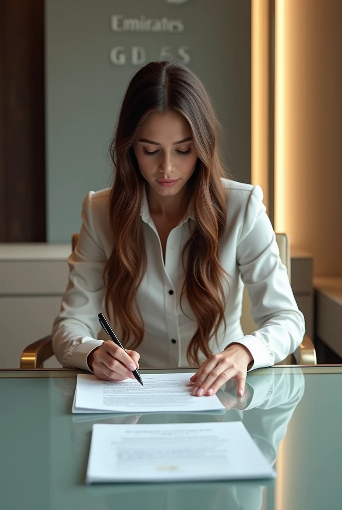 Slender woman with long brown hair signing a contract with the CDC Sport club through Emirates fly