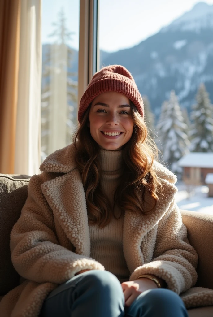 A 26-year-old Russian woman sits comfortably on a sofa near a window, exuding a relaxed and content vibe. The background features an incredibly realistic snowy mountain view bathed in noon sunlight, enhancing the peaceful ambiance. Dressed warmly in stylish winter attire, she radiates a natural, effortless charm. The soft lighting and serene surroundings highlight her genuine smile and calm demeanor, creating a perfect balance between elegance and simplicity. The image should be hyper-realistic and ultra-realistic. The camera angle should be slightly wider to enhance realism, and the woman's gaze should be more engaging and attractive. She have very sexy big breasts. ultra realistic skin. Detailed skin. She wearing red bikini. Sexy Hot Boobs and ass(worst quality, low quality, normal quality, low resolution, low details, oversaturated, undersaturated, overexposed, underexposed, grayscale, black and white, bad photo, bad photography, bad art:1.4), (watermark, signature, text font, username, error, logo, words, letters, digits, autograph, trademark, name:1.2), (blur, blurry, grainy), morbid, ugly, asymmetrical, mutated, malformed, mutilated, poorly lit, bad shadow, draft, cropped, out of frame, cut off, censored, JPEG artifacts, out of focus, glitch, duplicate, (airbrushed, cartoon, anime, semi-realistic, CGI, render, Blender, digital art, manga, amateur:1.3), (3D, 3D Game, 3D Game Scene, 3D Character:1.1), (bad hands, bad anatomy, bad body, bad face, bad teeth, bad arms, bad legs, deformities:1.3, small boobs, small breasts, bad skin)