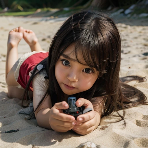 a Japanese girl , playing with a toy truck, on a beach, anime style, long brown hair, realistic young child