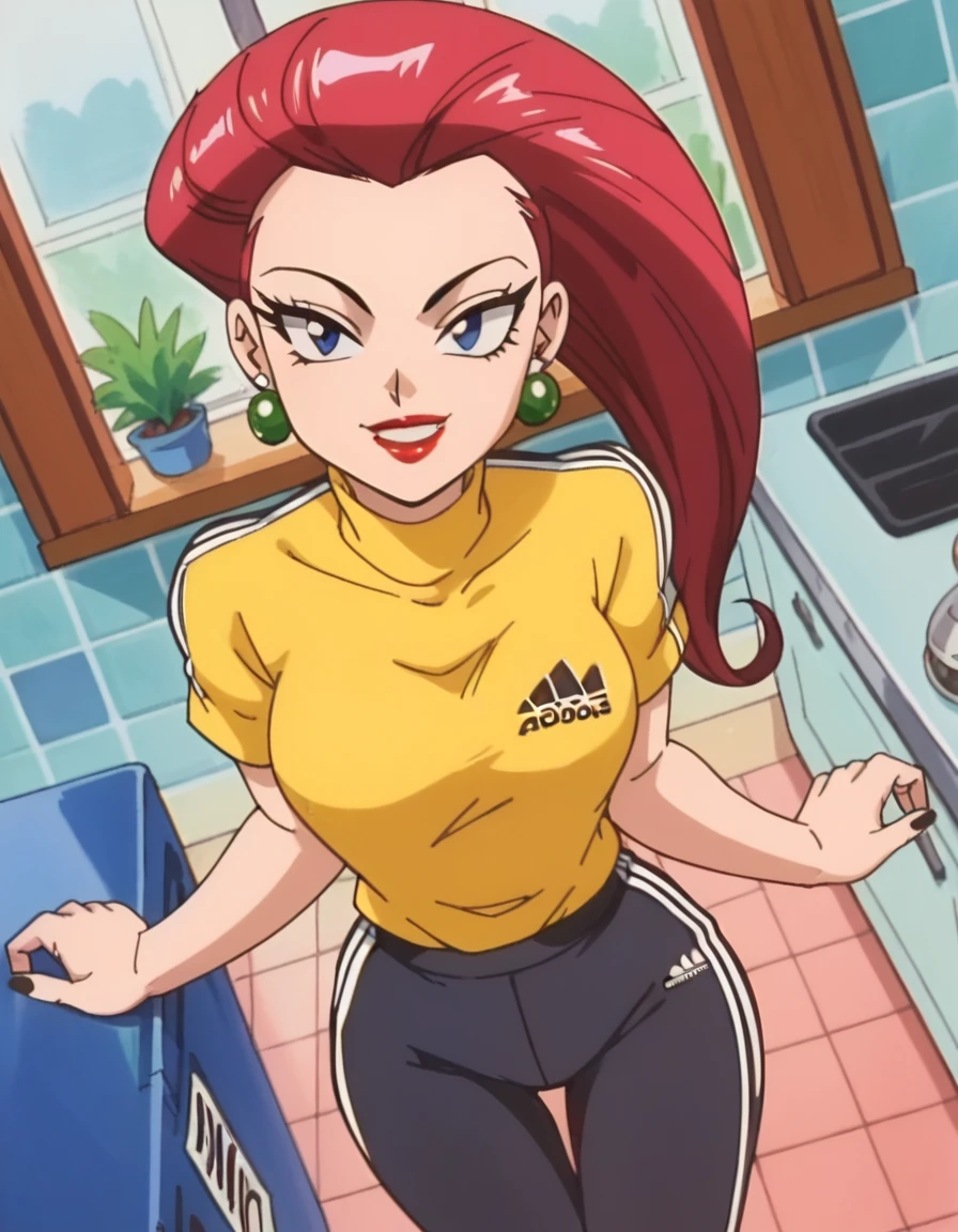 score_9, score_8_up, score_7_up, score_6_up, score_5_up, score_4_up, BREAK, source_anime, anime screencap, anime coloring,PMJessie, red hair, long hair, earrings, blue eyes, red lips, breasts, lipstick, makeup, earrings, (Modern kitchen:1.5), kitchen background, best quality, expressive eyes, short ponytail, high ponytail,, realistic BREAK 1girl, solo. (Adidas pants:1.5), (black pants), ((wearing a yellow tshirt)). looking at viewer, dutch angle, looking up, smile, (big hips), hourglass body, happy, thigh gap, lips, red lips, lipstick,  BREAK parted lips,nail polish, ((narrow waist)), looking at viewer, thighs, indoors, 