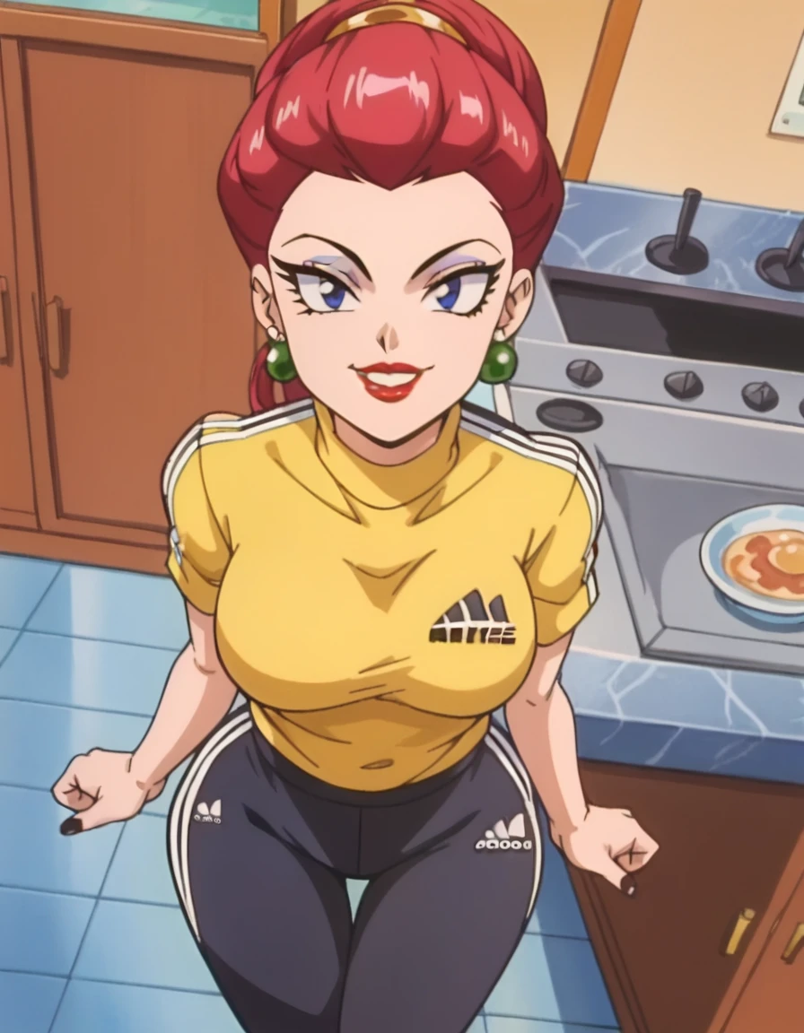 score_9, score_8_up, score_7_up, score_6_up, score_5_up, score_4_up, BREAK, source_anime, anime screencap, anime coloring,PMJessie, red hair, long hair, earrings, blue eyes, red lips, breasts, lipstick, makeup, earrings, (Modern kitchen:1.5), kitchen background, best quality, expressive eyes, short ponytail, high ponytail,, realistic BREAK 1girl, solo. (Adidas pants:1.5), (black pants), ((wearing a yellow tshirt)). looking at viewer, dutch angle, looking up, smile, (big hips), hourglass body, happy, thigh gap, lips, red lips, lipstick,  BREAK parted lips,nail polish, ((narrow waist)), looking at viewer, thighs, indoors, 