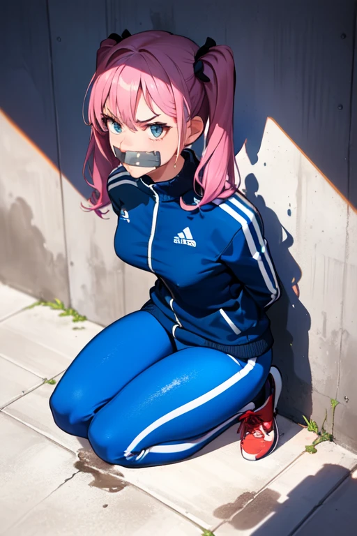 ((1 girl)), ((twin tails)), (sexy),  ((simple_background)), ((concrete floor, concrete wall)), ((underground room)), ((arms behind back)), ((scowl)), ((sitting on the knees)), ((tape gag)),  ((helpless)), ((calm)), ((struggling)), (blue tracksuit,tracksuit,tights pants, long black pants)