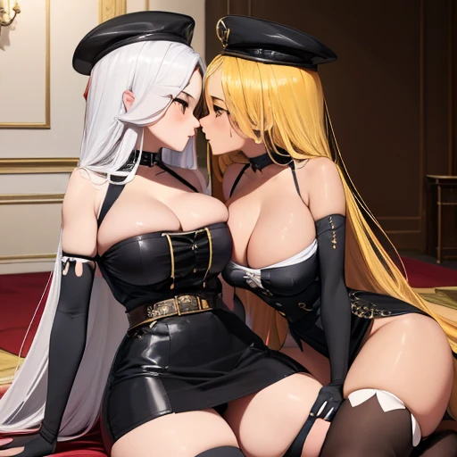 ((having hot  sex in  bedroom. They are kissing, fondling, licking and with so much passion, these brunettes are so damn hot.)icc,(masterpiece, best quality:1.4), absurdres, highres, ultra detailed, beautiful, (secretary), (perfect face, detailed face, beautiful:1.3),(natural breasts, cleavollarboneless gloves, gloves,spaghetti strap top, black pencil skirt, tight, over the knee skirt, hat, elegant secretary outfit, thighhighs, thick thighs, thighs, multiple belts, More detailed 8K.motor irreal:1.4,UHD,La mejor calidad:1.4, fotorrealista:1.4, textura de la piel:1.4, obra maestra:1.8,obra-prima, mejor calidad,objeto Objeto], (detailed face features:1.3),(manos detailed)
