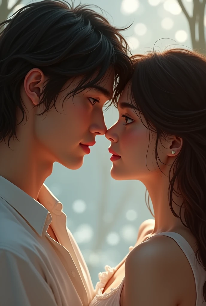 A couple looking at each other, he has bangs and he has wavy hair