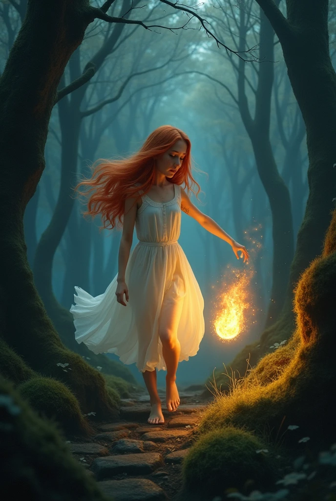 A red-haired girl in a beautiful long white dress in a dark forest chasing a small floating light in the shape of (🔥)